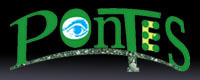 Pontes Logo Description: The green letters in the word PONTES are displayed on a black background; the letter O is represented by an eye, while the letter E consists of a Braille six-dot-cell and five yellow dashes which connect the dots.