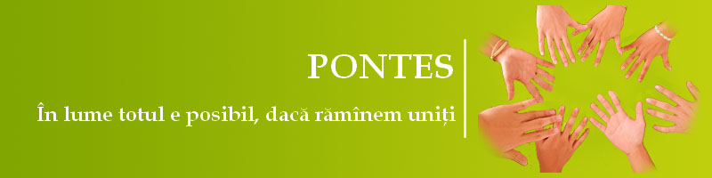 Banner Pontes - În lume totul e posibil, dacă rămânem uniţi. Lângă acest text apare un cerc de mâini unite.