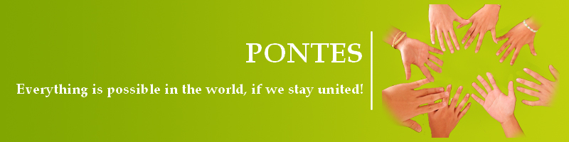 PONTES Banner: Everything is possible in the world, if we stay united! Besides this text there is a circle of joined hands.
